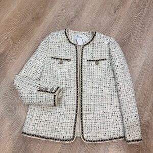 Goelia Wool Blend Tweed Jacket Cream Color Chanel-Inspired Style, Tweed Blazer